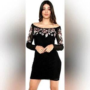Guess | Mesh Floral Embroidered Off The Shoulder Dress